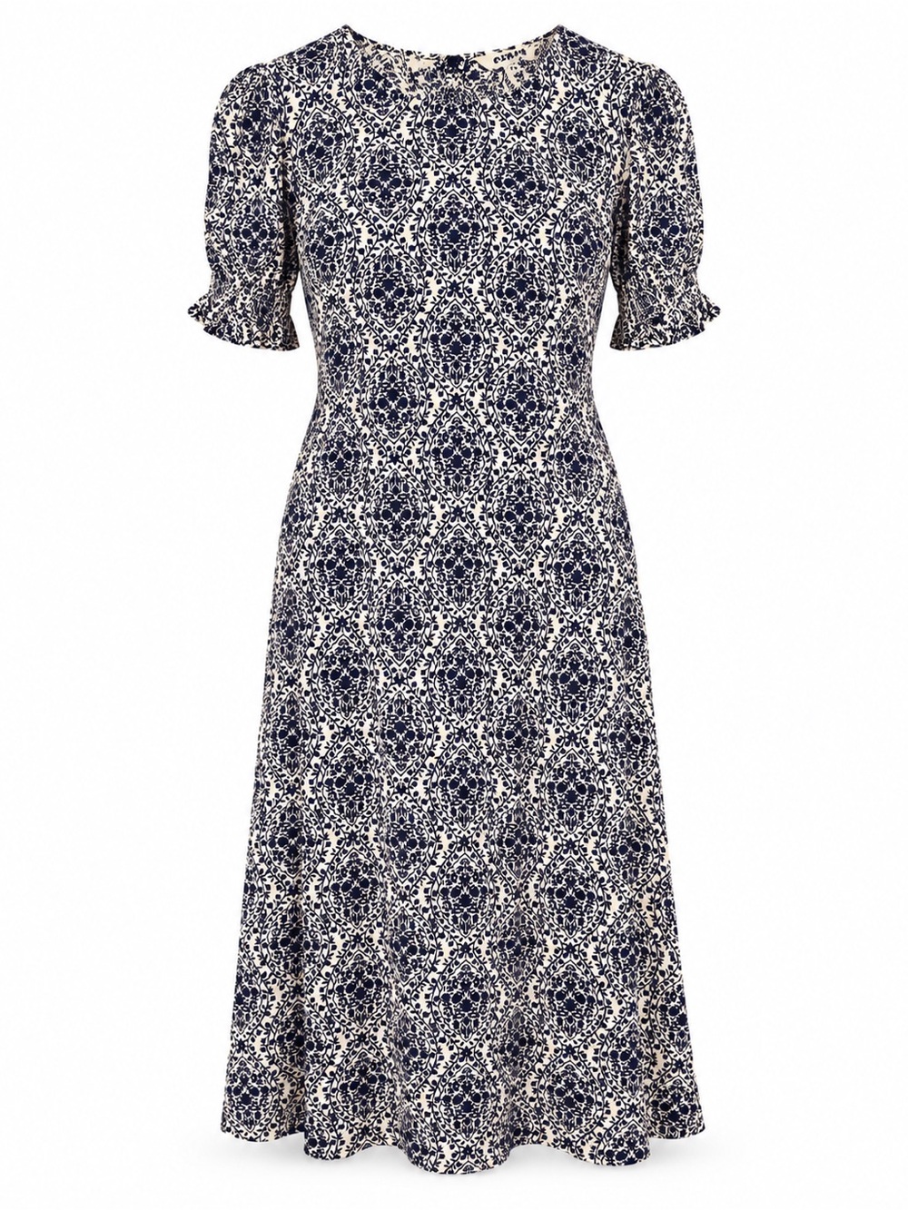 Boden Corinne Midi Tea Dress Navy White Damask Vine Print Size 12